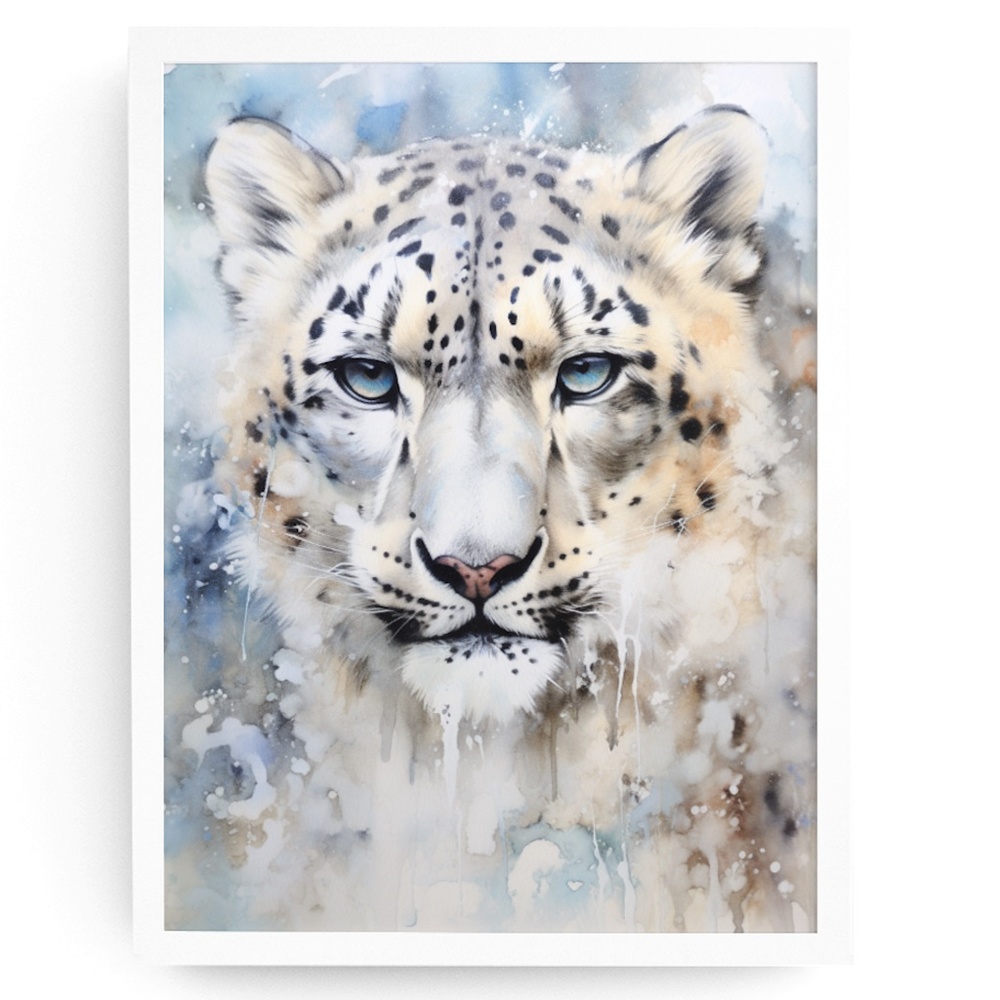 Watercolor Snow Leopard Portrait Wall Art Illustration Print Poster Unframed
